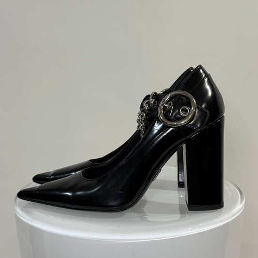 Michael Kors Black Leather Chain Pumps – Pointed Toe Block Heels with Silver Hardware