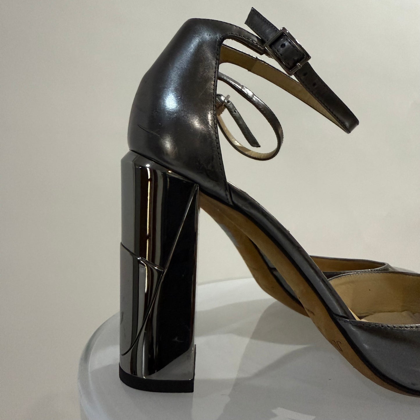 Jimmy Choo Metallic Grey Leather Block Heel Pumps