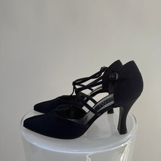 Stuart Weitzman T-Strap Evening Heels – Navy Satin Pointed Toe Pumps | Elegant Vintage Style