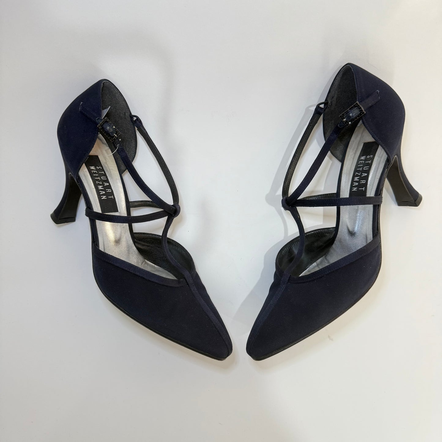 Stuart Weitzman T-Strap Evening Heels – Navy Satin Pointed Toe Pumps | Elegant Vintage Style