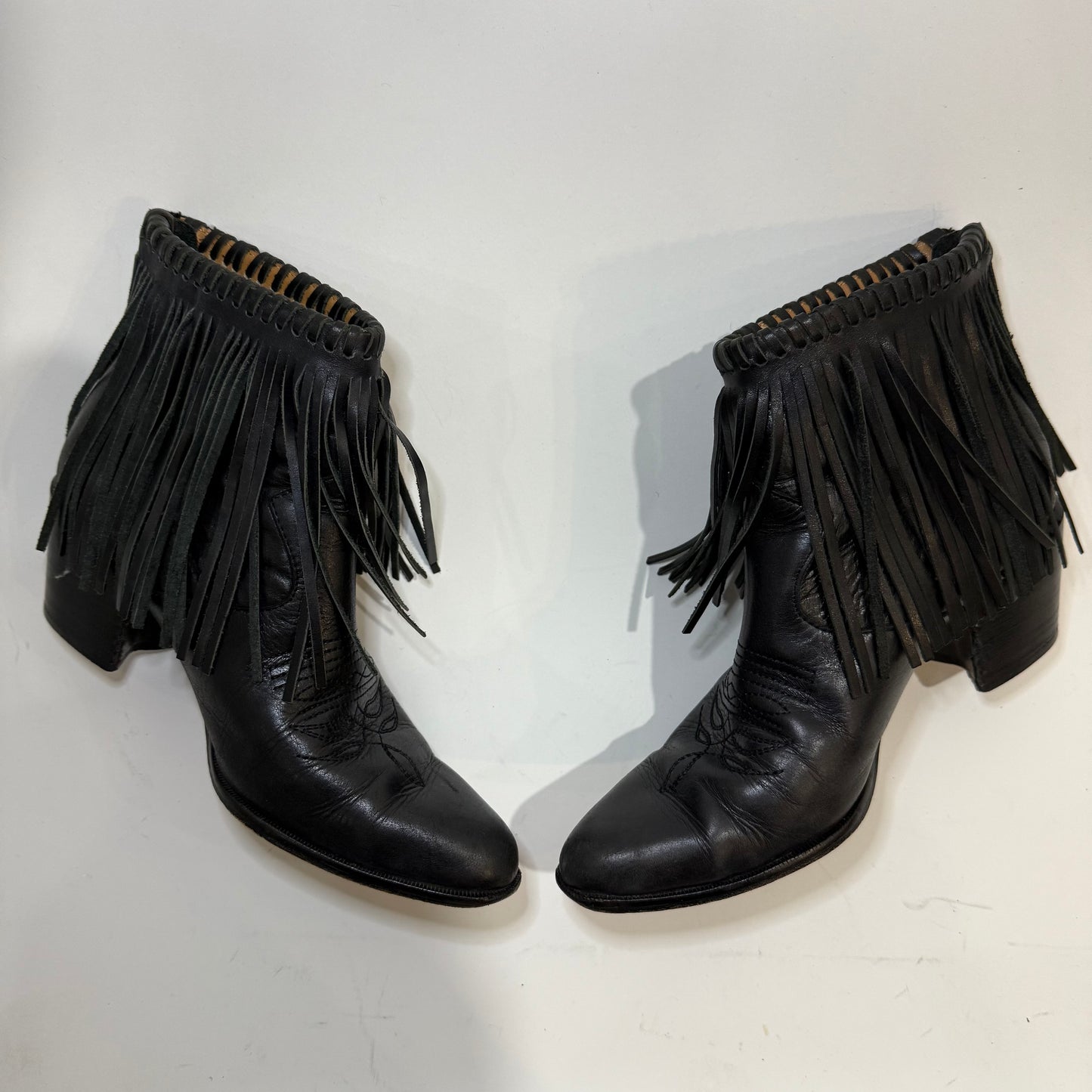 Bettye Muller Black Fringe Leather Western Booties – Mid Heel Ankle Boots