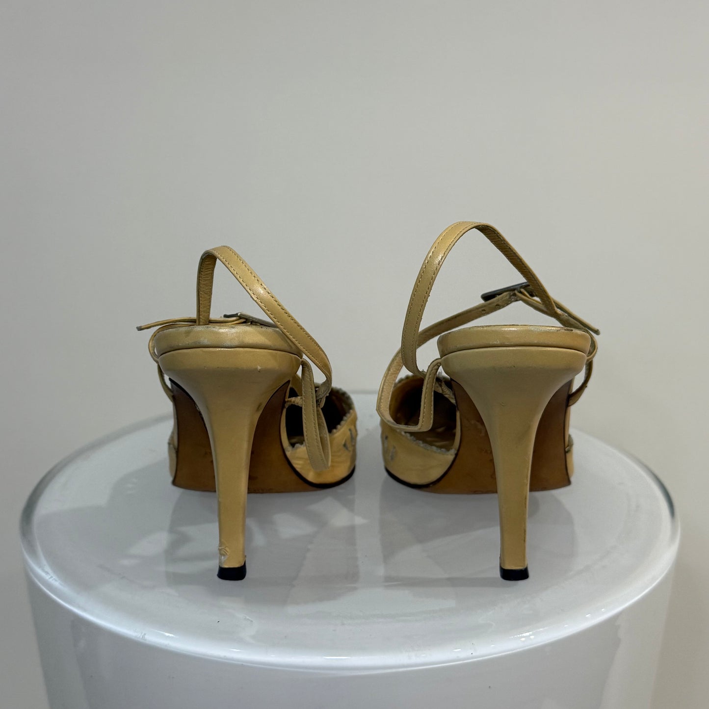 Jimmy Choo Beige Leather Geometric Cutout Heels – Pointed Toe Slingback Stilettos