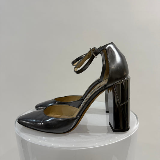 Jimmy Choo Metallic Grey Leather Block Heel Pumps