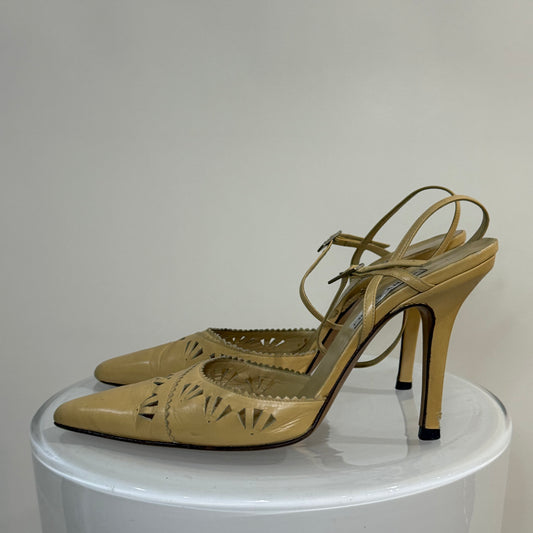 Jimmy Choo Beige Leather Geometric Cutout Heels – Pointed Toe Slingback Stilettos