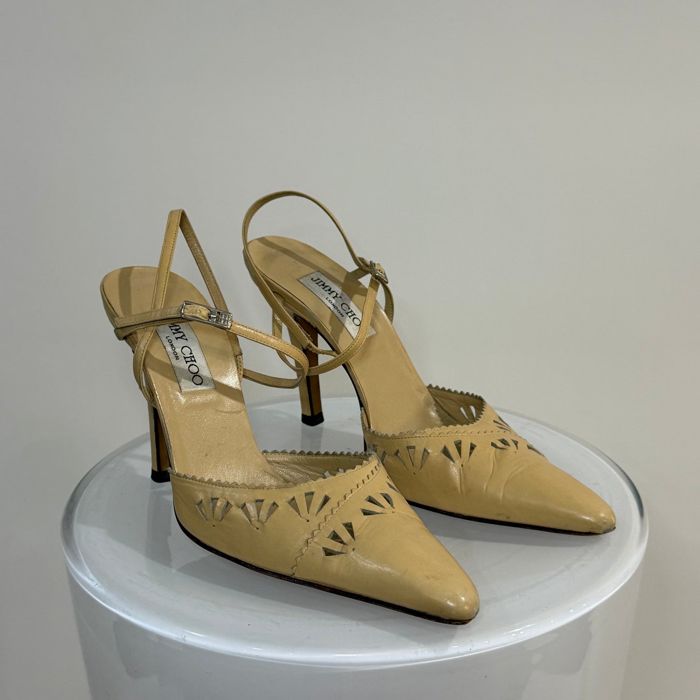 Jimmy Choo Beige Leather Geometric Cutout Heels – Pointed Toe Slingback Stilettos