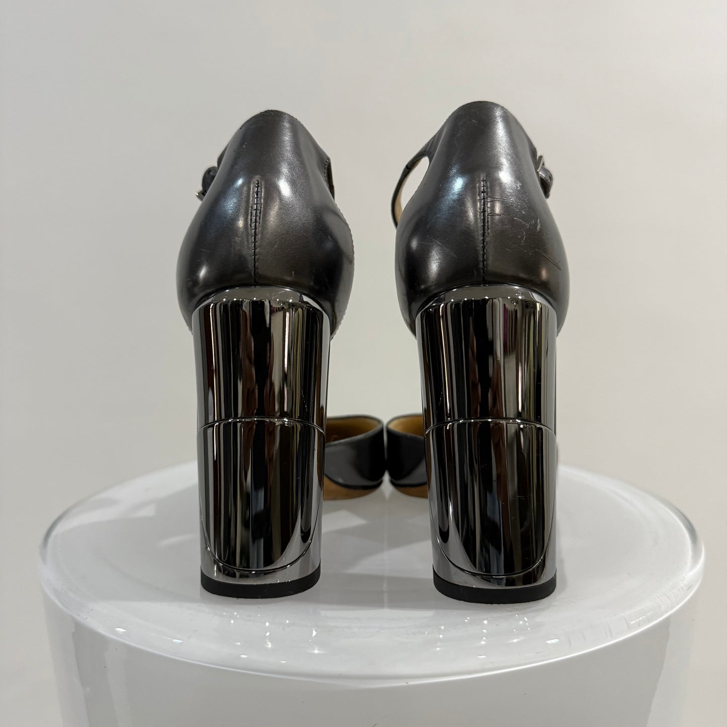 Jimmy Choo Metallic Grey Leather Block Heel Pumps