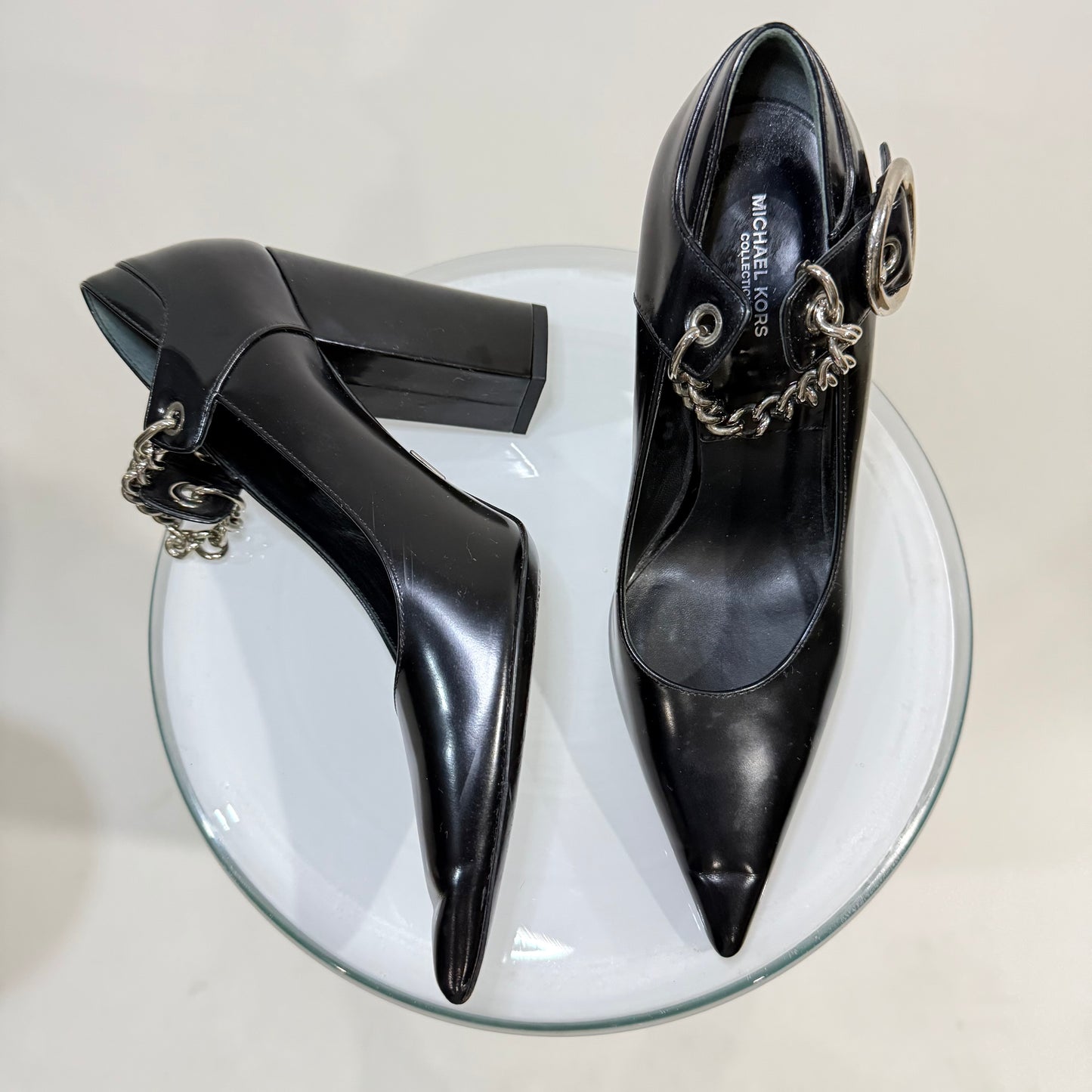 Michael Kors Black Leather Chain Pumps – Pointed Toe Block Heels with Silver Hardware