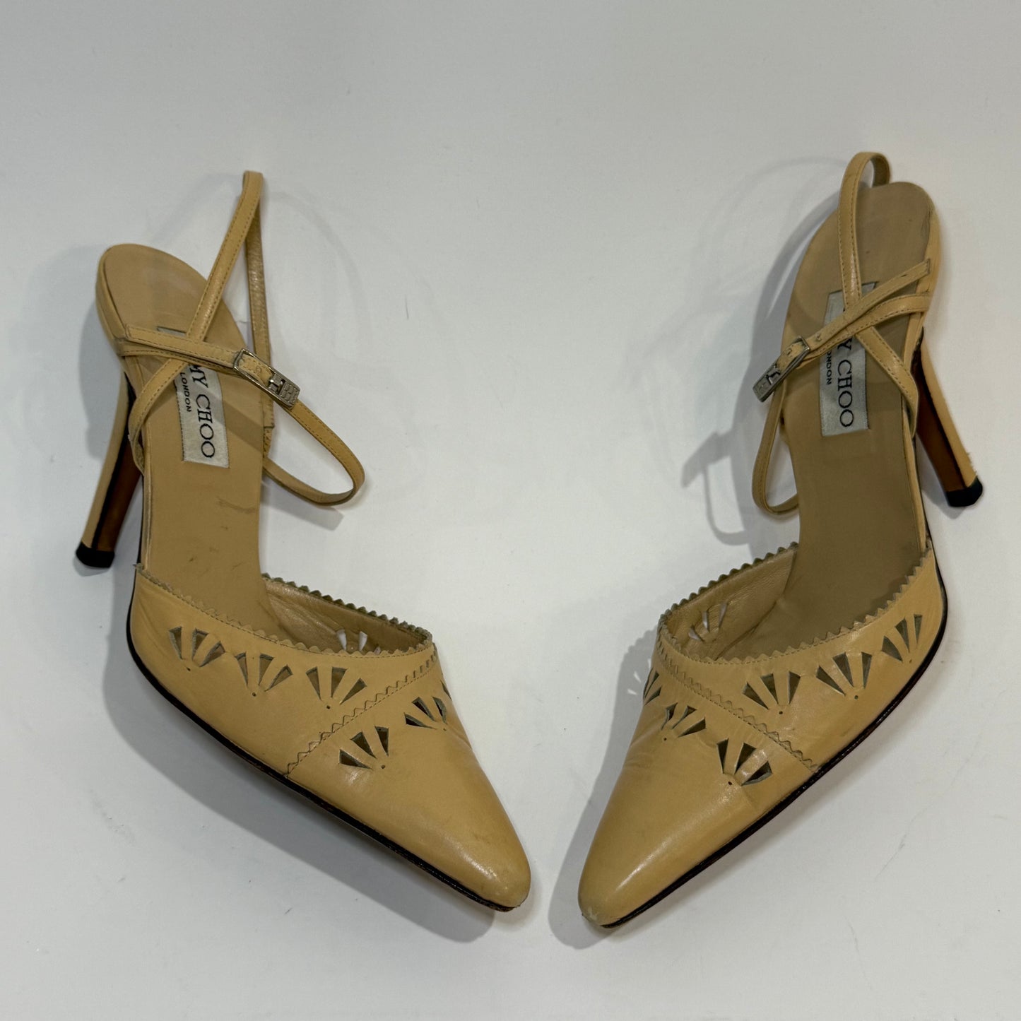 Jimmy Choo Beige Leather Geometric Cutout Heels – Pointed Toe Slingback Stilettos