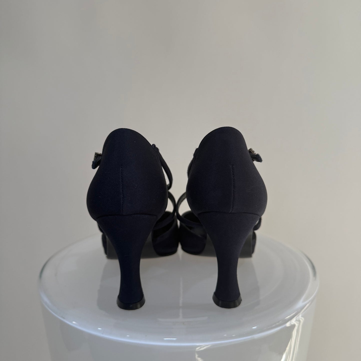Stuart Weitzman T-Strap Evening Heels – Navy Satin Pointed Toe Pumps | Elegant Vintage Style