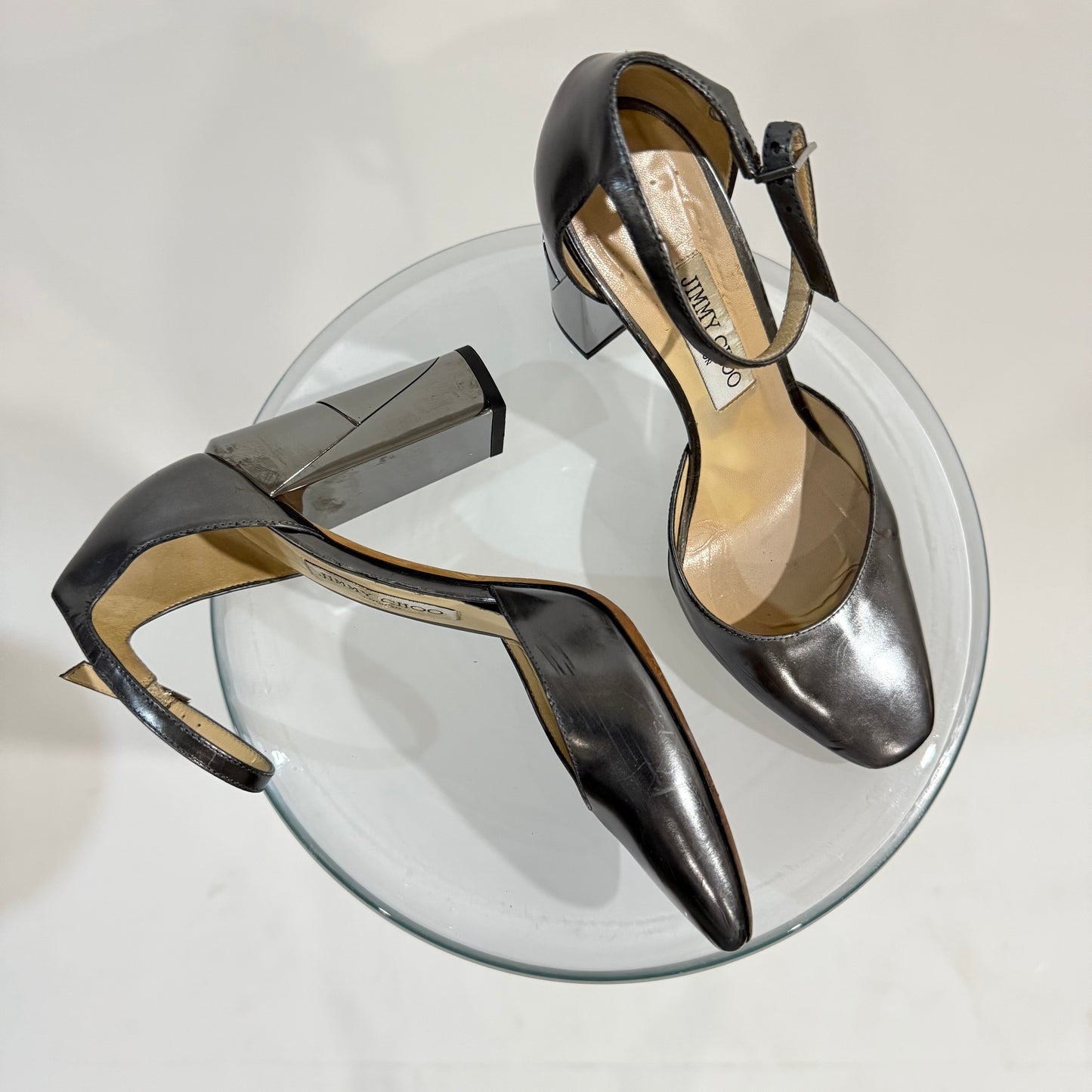 Jimmy Choo Metallic Grey Leather Block Heel Pumps