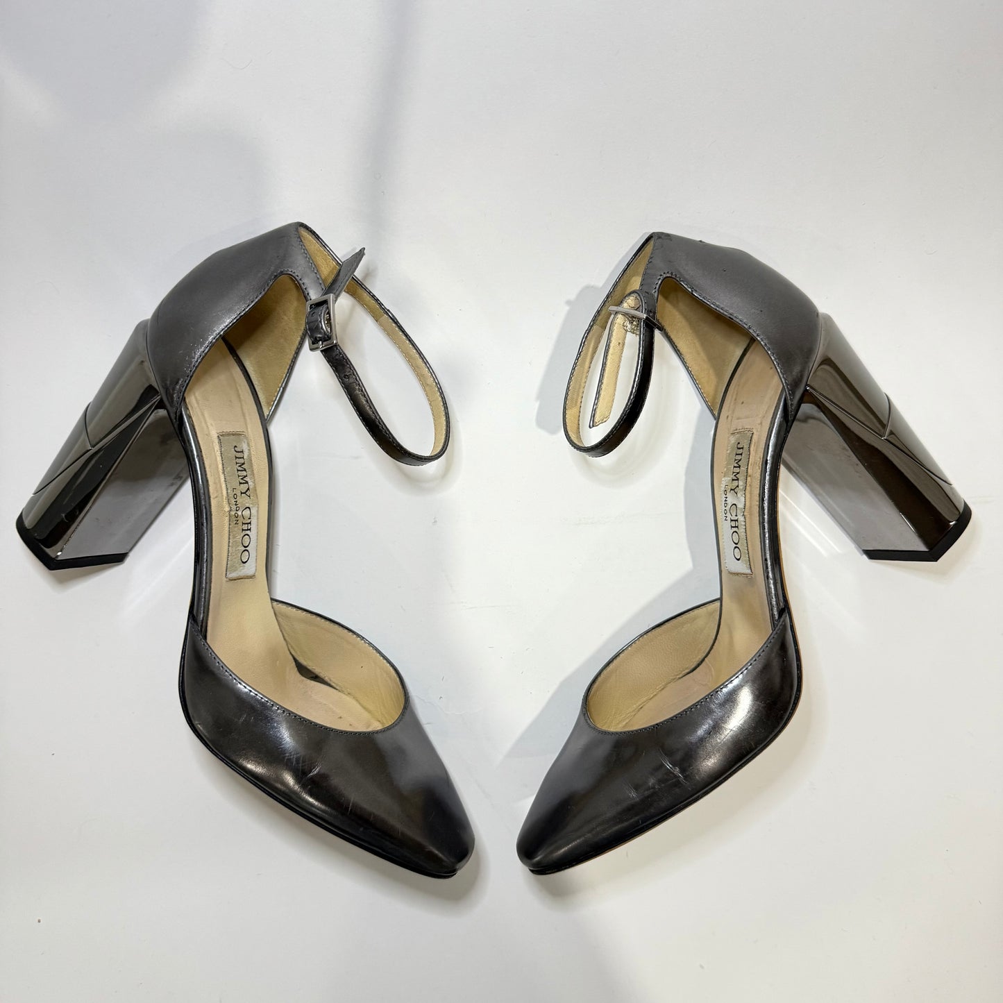 Jimmy Choo Metallic Grey Leather Block Heel Pumps