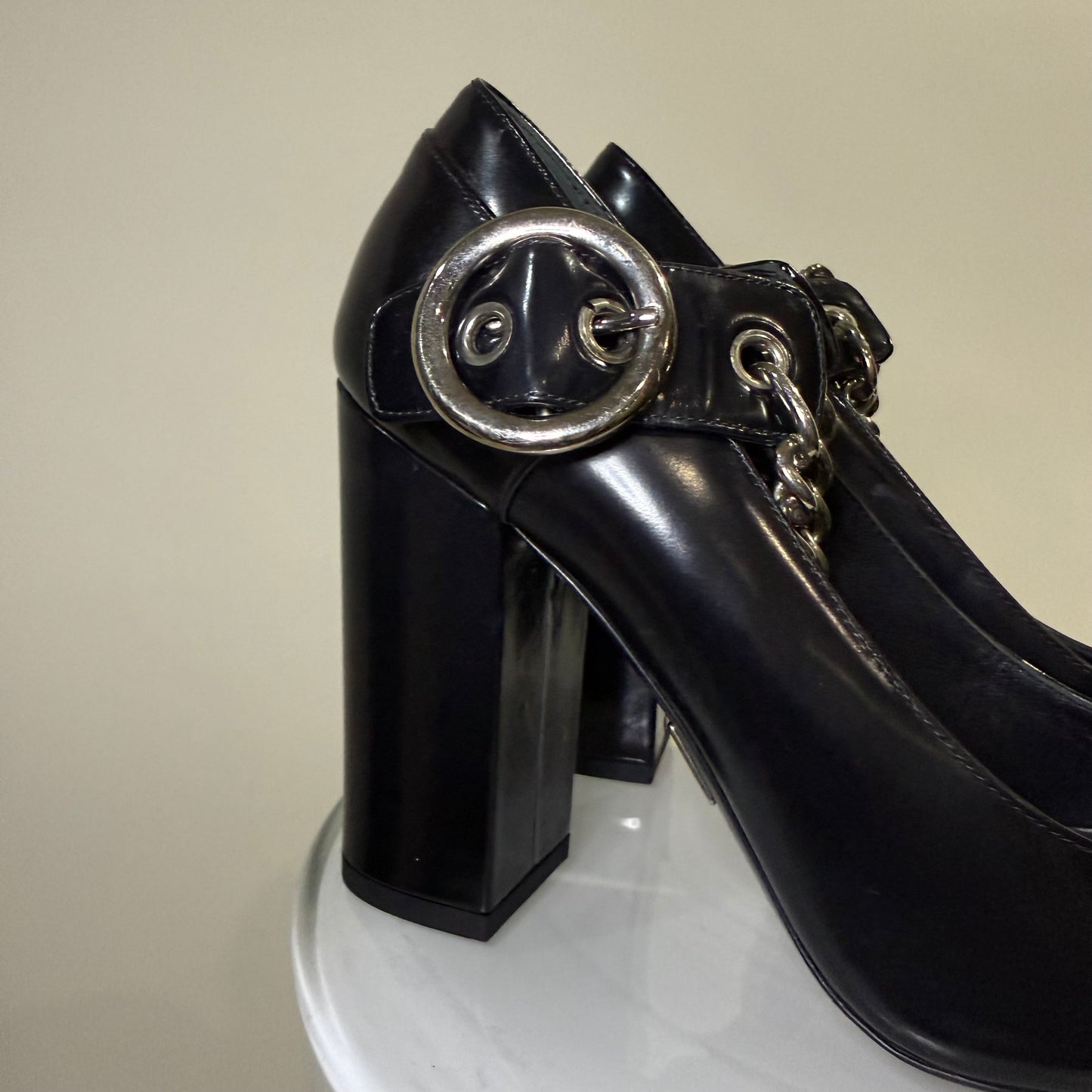 Michael Kors Black Leather Chain Pumps – Pointed Toe Block Heels with Silver Hardware