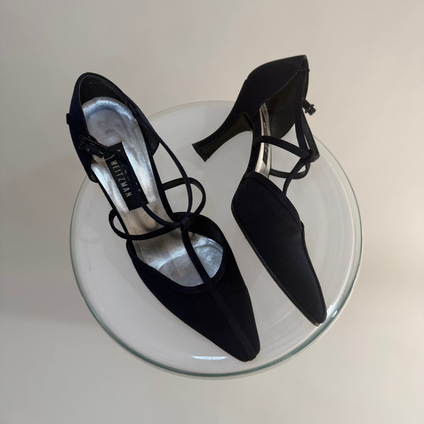 Stuart Weitzman T-Strap Evening Heels – Navy Satin Pointed Toe Pumps | Elegant Vintage Style