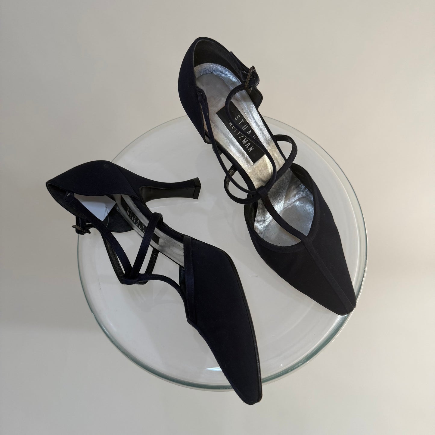 Stuart Weitzman T-Strap Evening Heels – Navy Satin Pointed Toe Pumps | Elegant Vintage Style