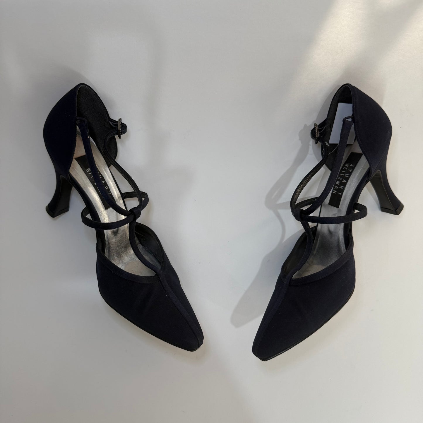 Stuart Weitzman T-Strap Evening Heels – Navy Satin Pointed Toe Pumps | Elegant Vintage Style