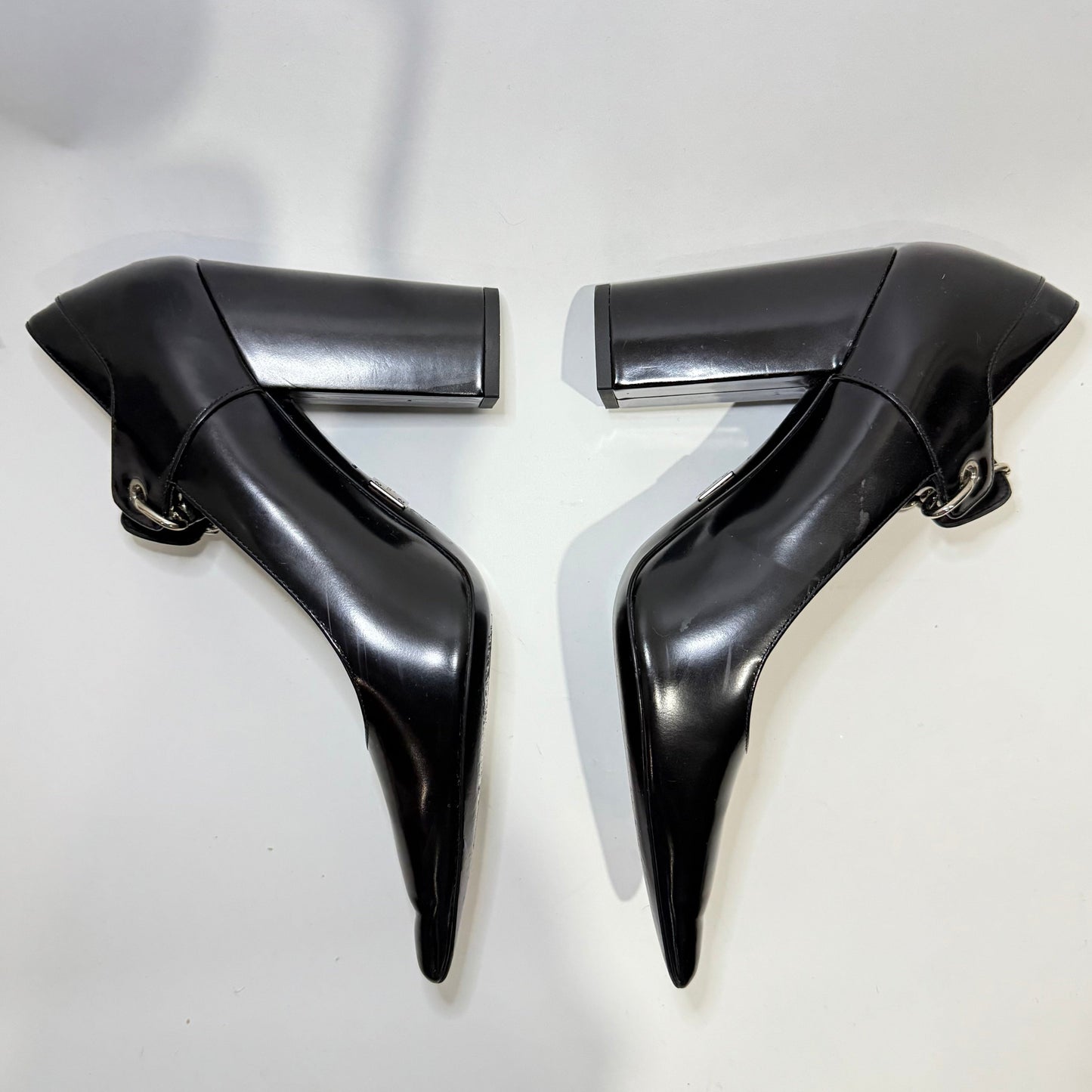 Michael Kors Black Leather Chain Pumps – Pointed Toe Block Heels with Silver Hardware