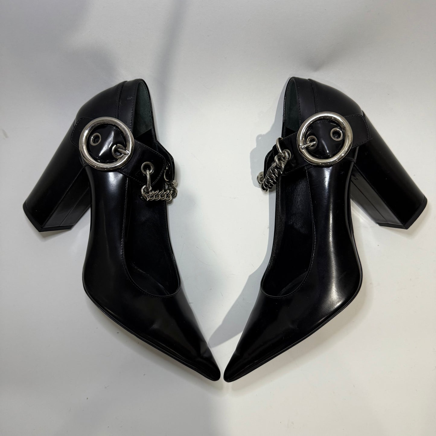 Michael Kors Black Leather Chain Pumps – Pointed Toe Block Heels with Silver Hardware