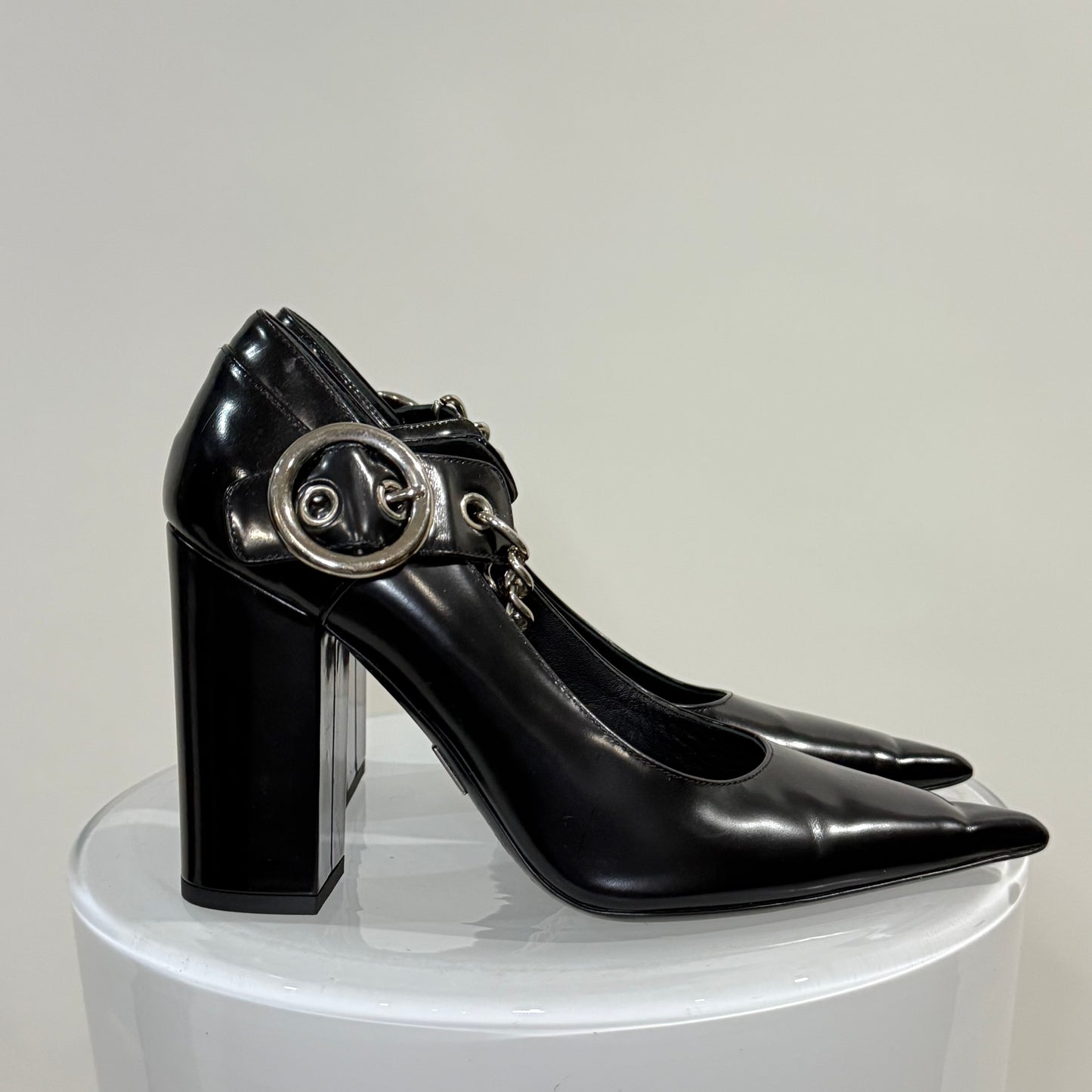 Michael Kors Black Leather Chain Pumps – Pointed Toe Block Heels with Silver Hardware