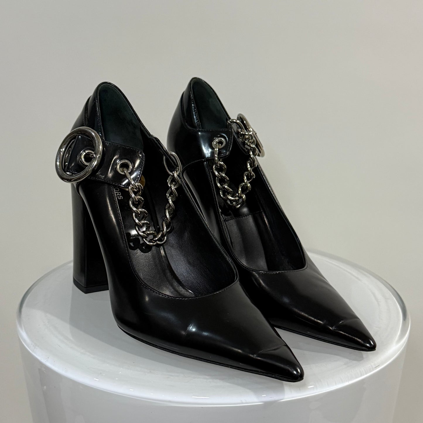Michael Kors Black Leather Chain Pumps – Pointed Toe Block Heels with Silver Hardware