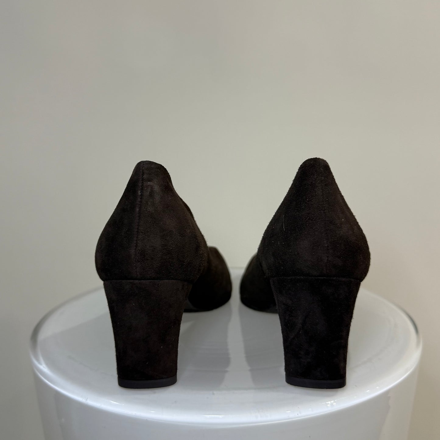 Stuart Weitzman Brown Suede Pumps – Almond Toe with Mid Block Heel | Minimalist Classic