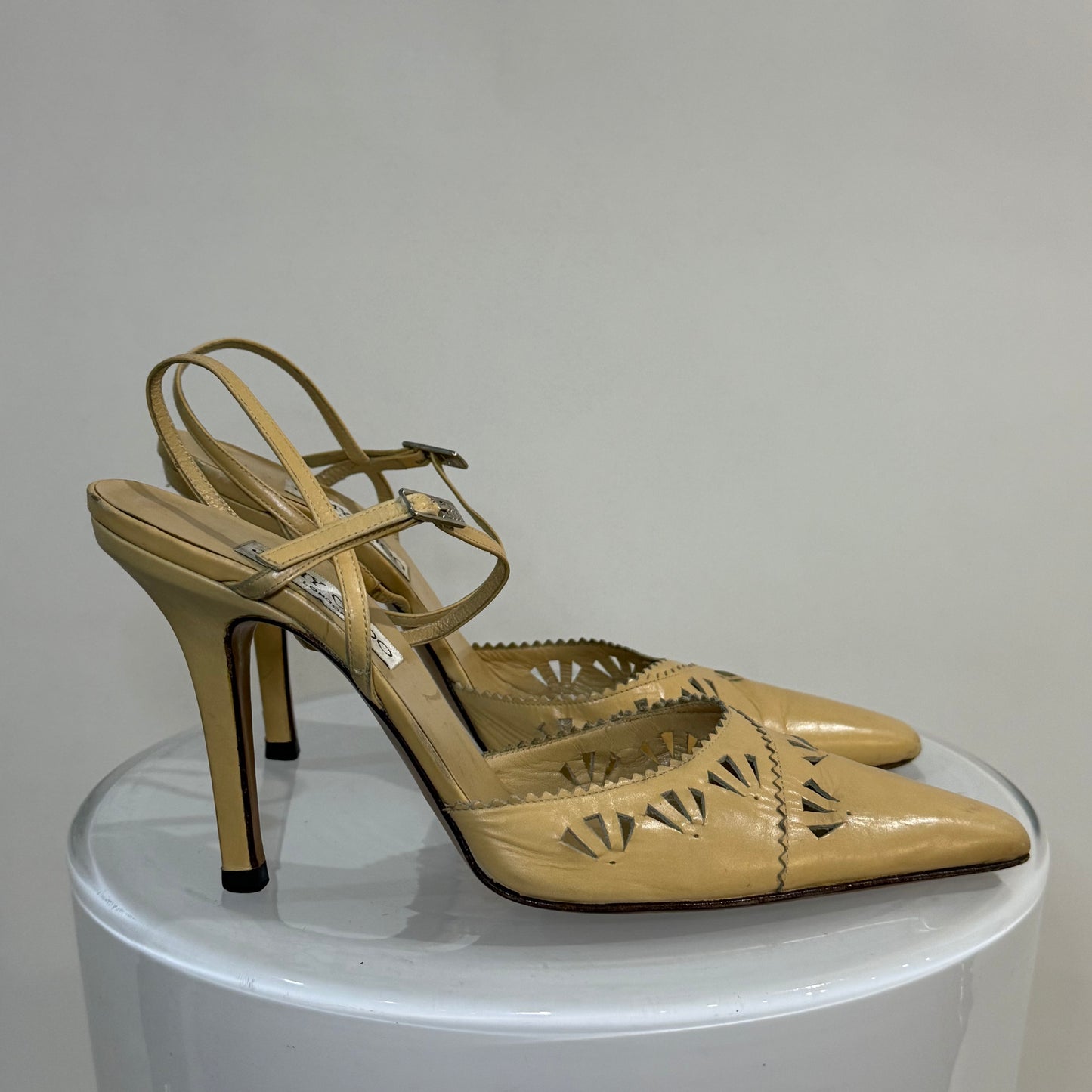 Jimmy Choo Beige Leather Geometric Cutout Heels – Pointed Toe Slingback Stilettos