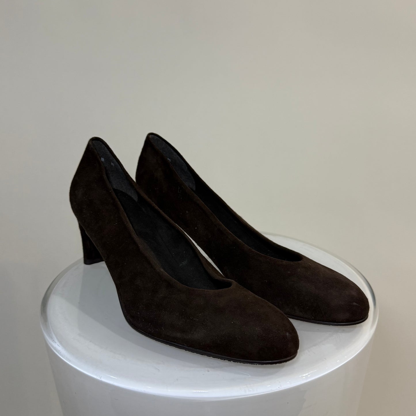 Stuart Weitzman Brown Suede Pumps – Almond Toe with Mid Block Heel | Minimalist Classic