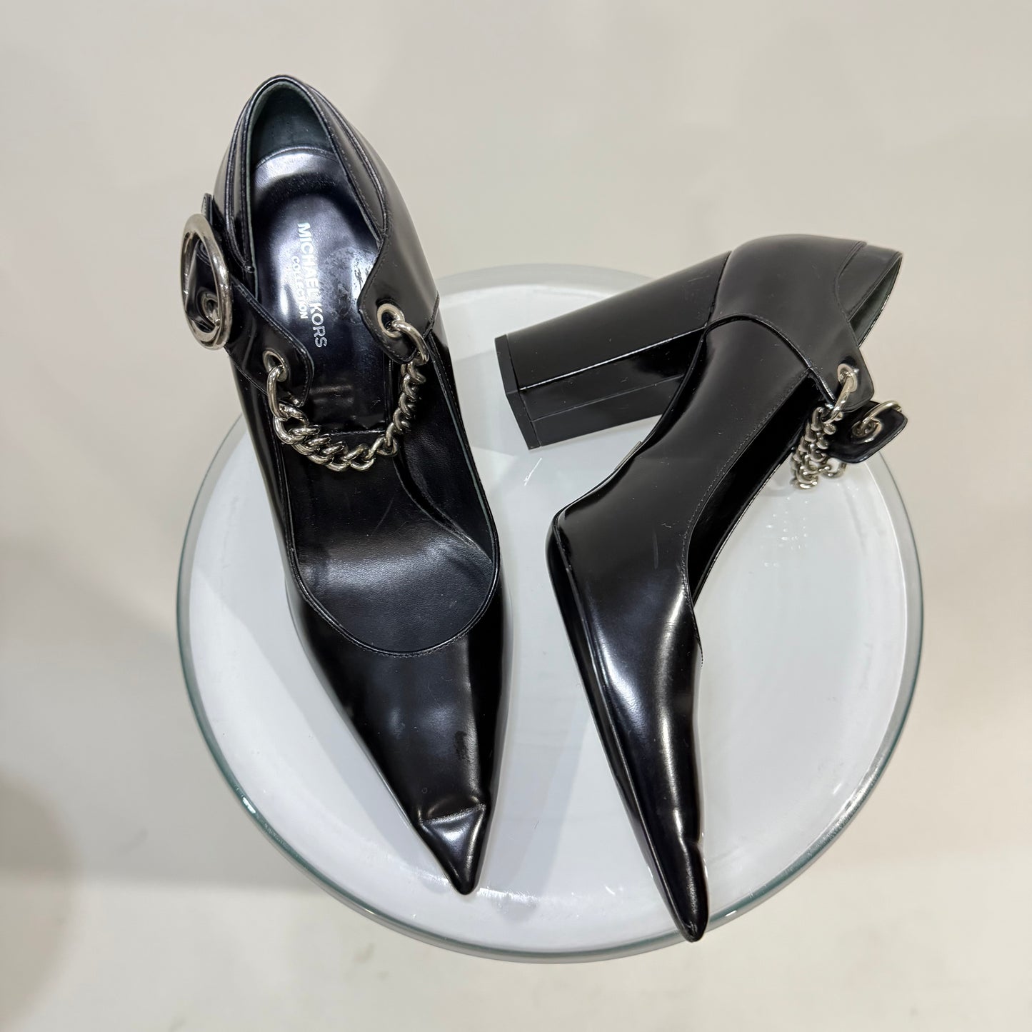 Michael Kors Black Leather Chain Pumps – Pointed Toe Block Heels with Silver Hardware