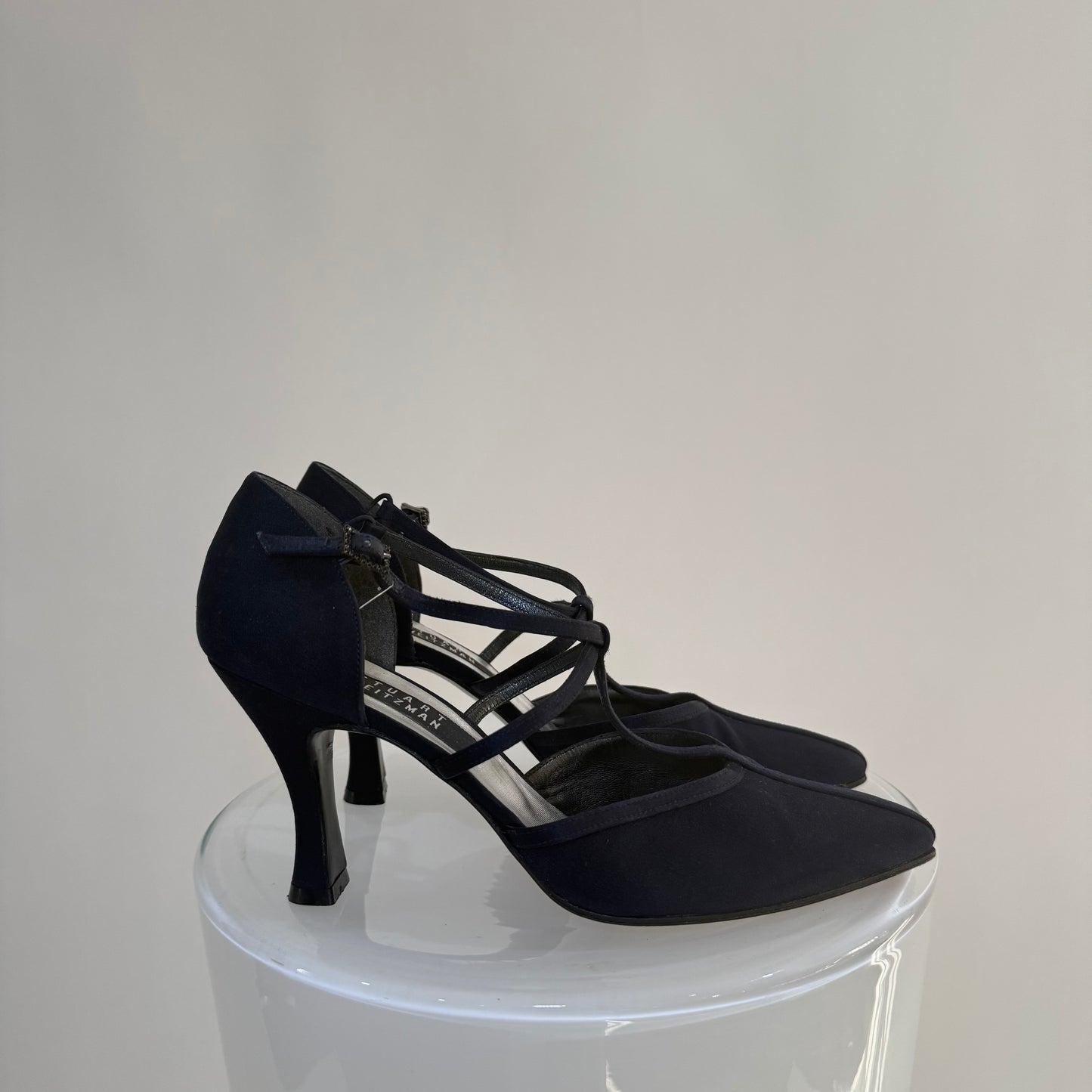 Stuart Weitzman T-Strap Evening Heels – Navy Satin Pointed Toe Pumps | Elegant Vintage Style