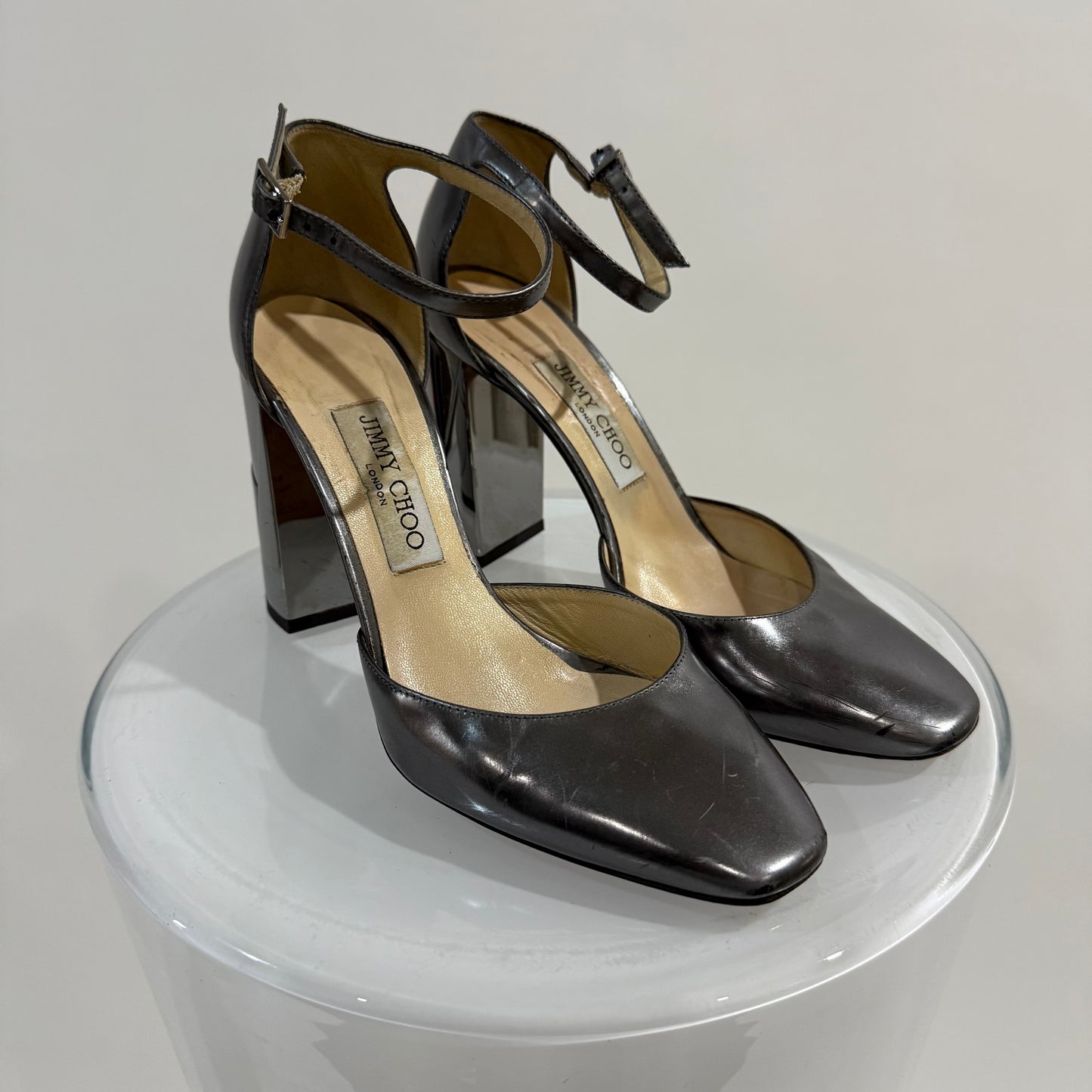 Jimmy Choo Metallic Grey Leather Block Heel Pumps