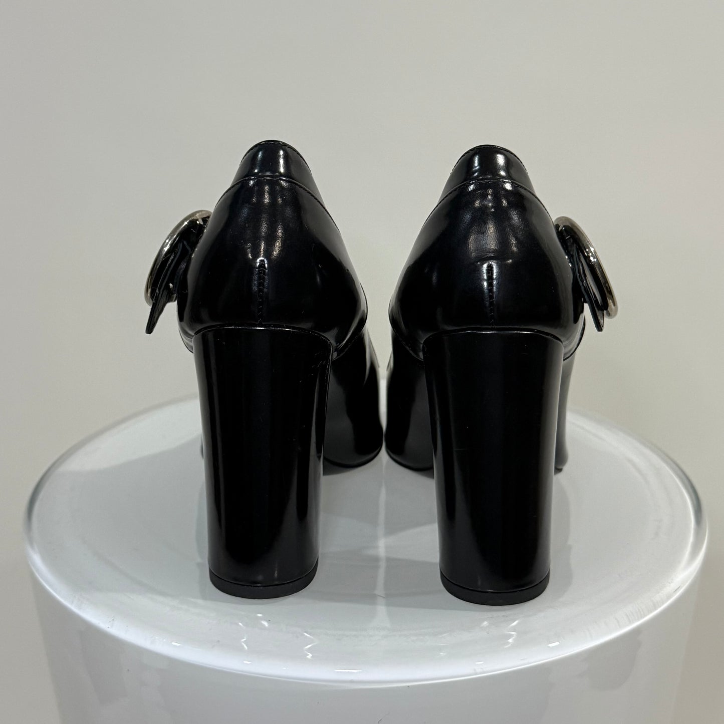 Michael Kors Black Leather Chain Pumps – Pointed Toe Block Heels with Silver Hardware