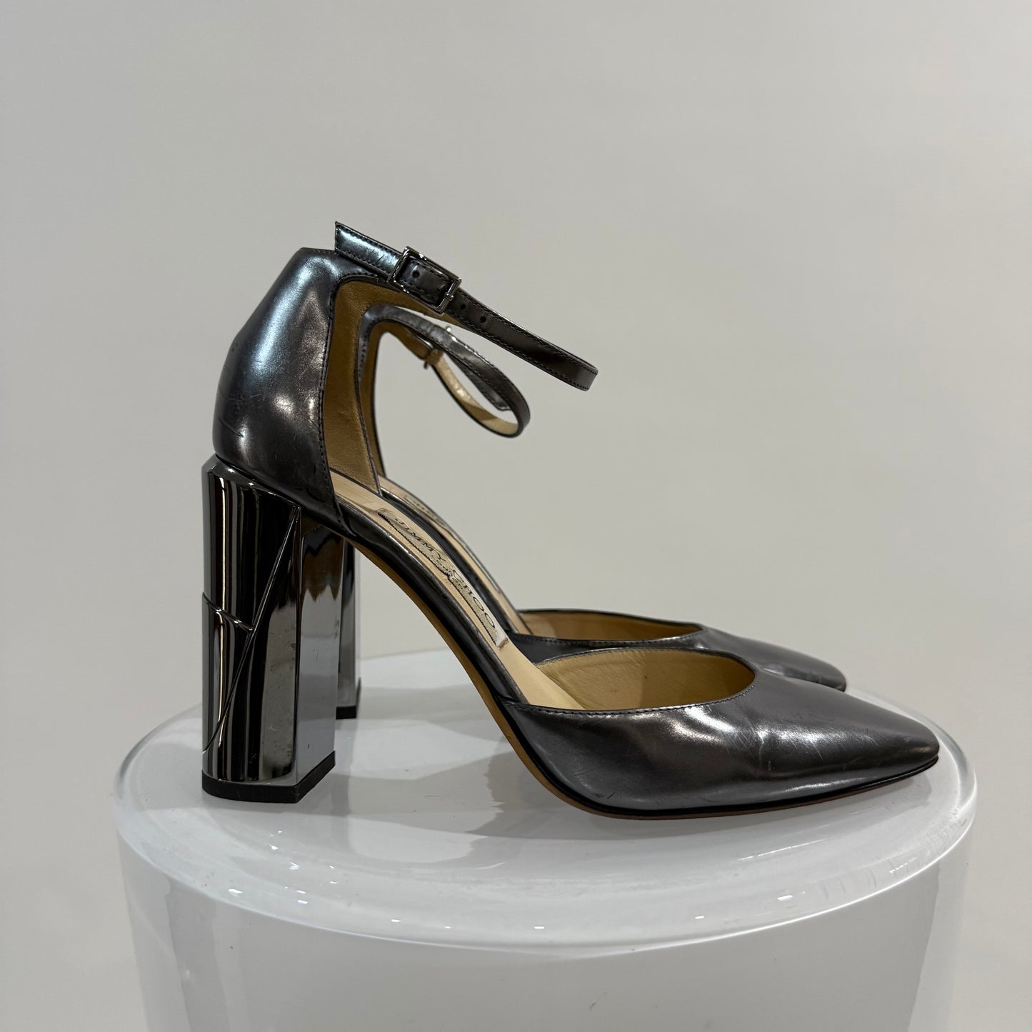 Jimmy Choo Metallic Grey Leather Block Heel Pumps